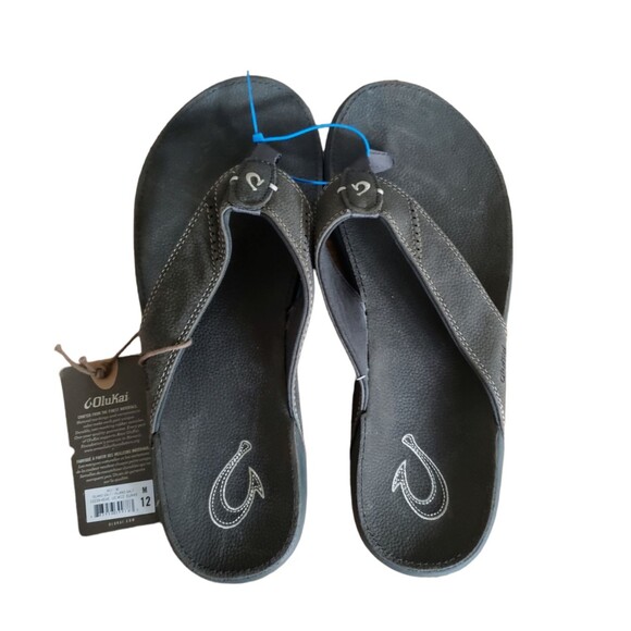 OluKai Nui Men’s Flip Flop Sandals Full Grain Leather Gray Size 12 NEW main image 9